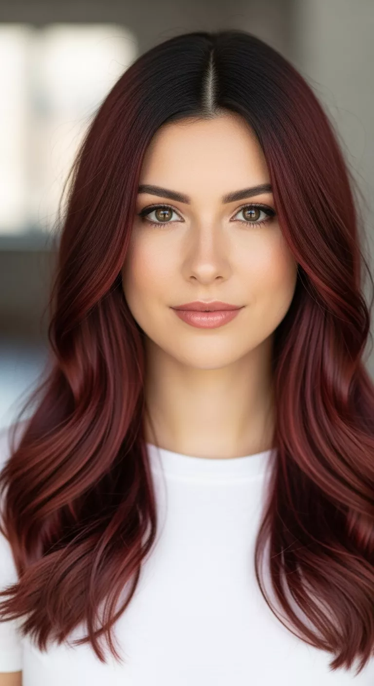 Cherry Cola A 28-year-old woman with a deep red-brown with shadow roots for extra depth colored long, wavy hair, front view.