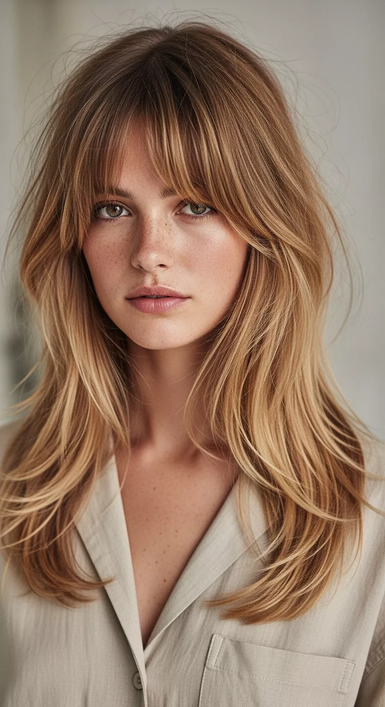 A 26-year-old woman with a ‘70s-style layered cut with long fringe and beachy texture, front view.