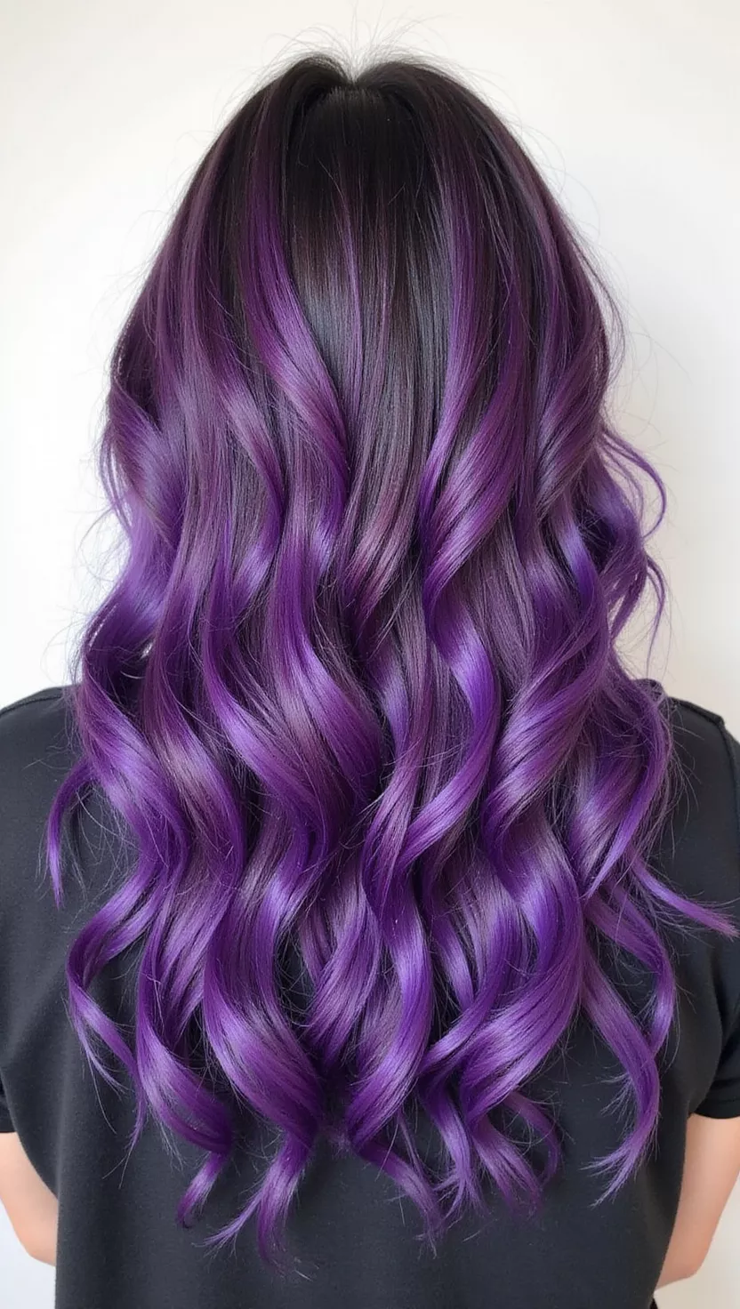 Purple Highlights A photo of a 30-year-old woman with a Purple Highlights colored long wavy hair, back view.