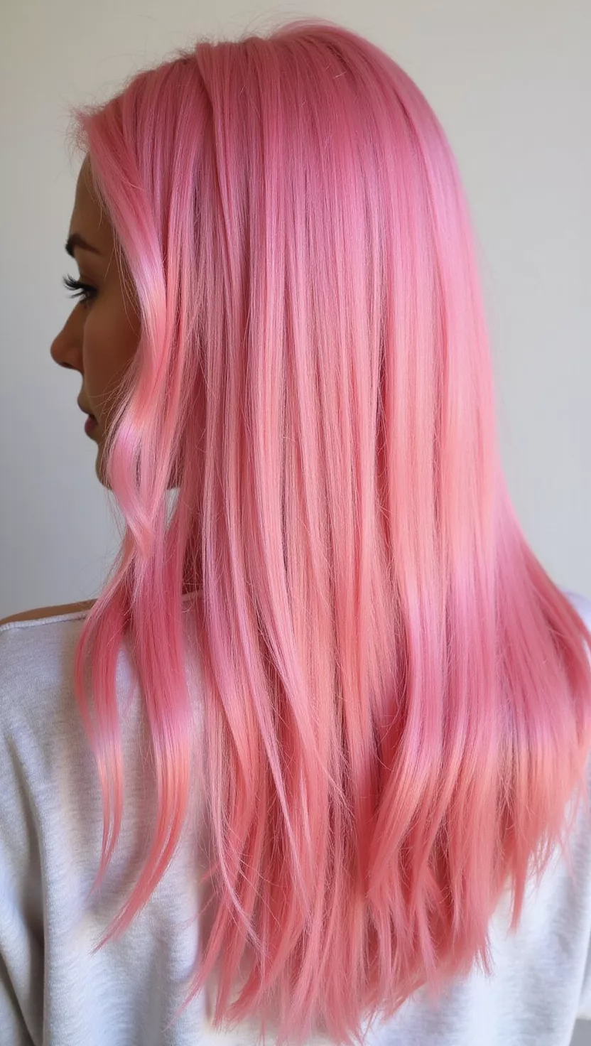 Pink A 25-year-old woman with a playful, bubblegum pink colored long, straight hair, back view.