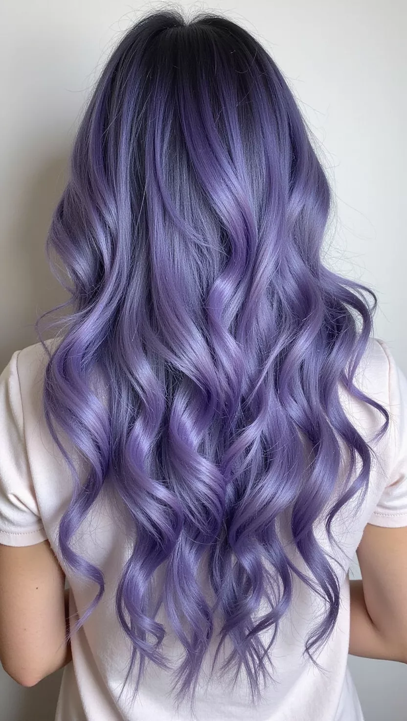 Touch of Periwinkle A photo of a 28-year-old woman with a Touch of Periwinkle colored long curly hair, back view.