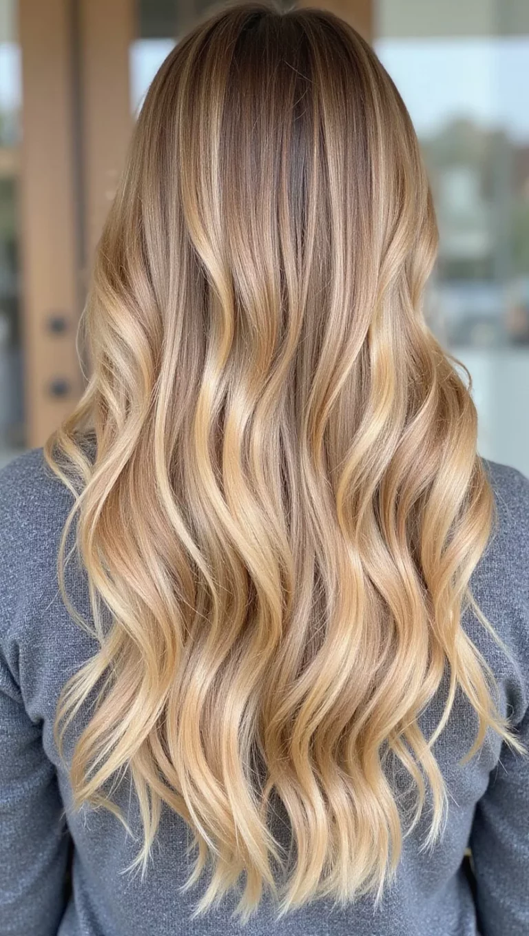A photo of a 39-year-old woman with a honeyed blonde colored loose waves, back view.