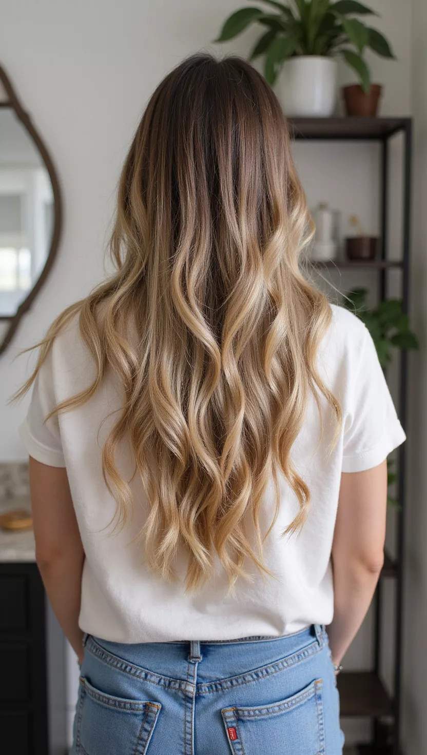 A photo of a 32-year-old woman with a blurred roots colored medium length hair, back view.