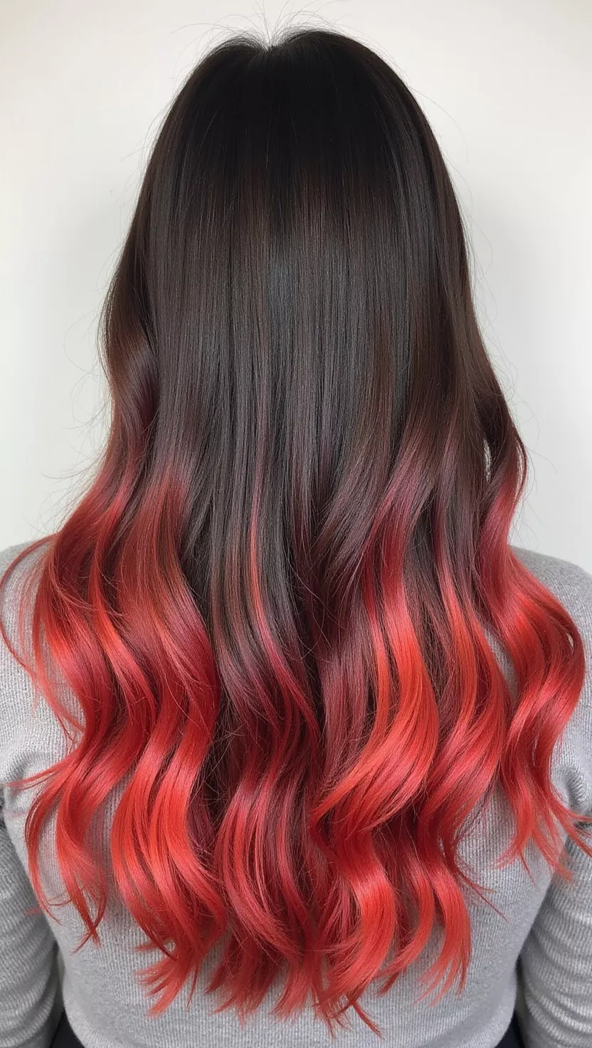 Intense Root Smudge A 29-year-old woman with an intense dark root smudge fading into a lighter, vibrant color colored long, straight hair, back view.