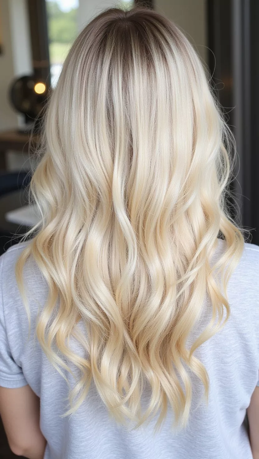 A photo of a 25-year-old woman with a buttercream blonde colored soft waves, back view.