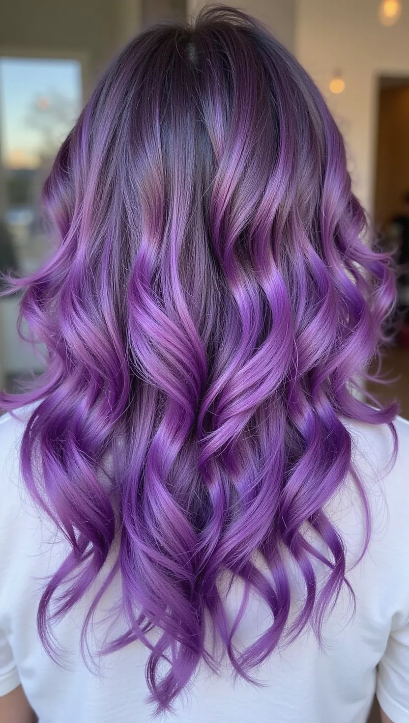 Purple Balayage A photo of a 31-year-old woman with a Purple Balayage colored curly hair, back view.