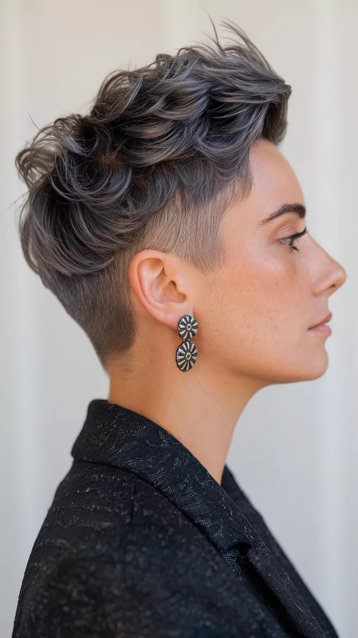 Undercut Pixie in Smoky Charcoal A 34-year-old woman with a dark charcoal with silvery undertones colored shaved sides, textured top, side view.