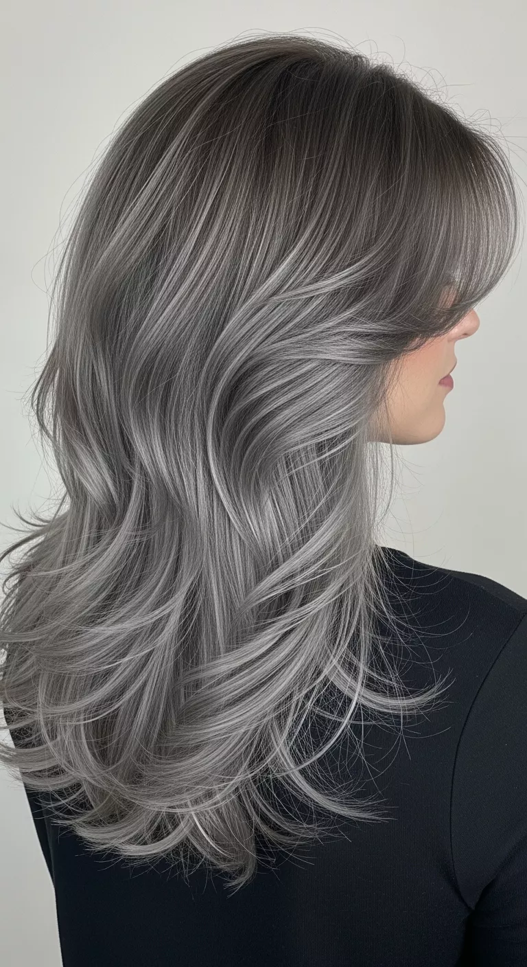 Smoky Quartz A 34-year-old woman with an ash brown with smoky gray accents colored long, layered hair, back view.