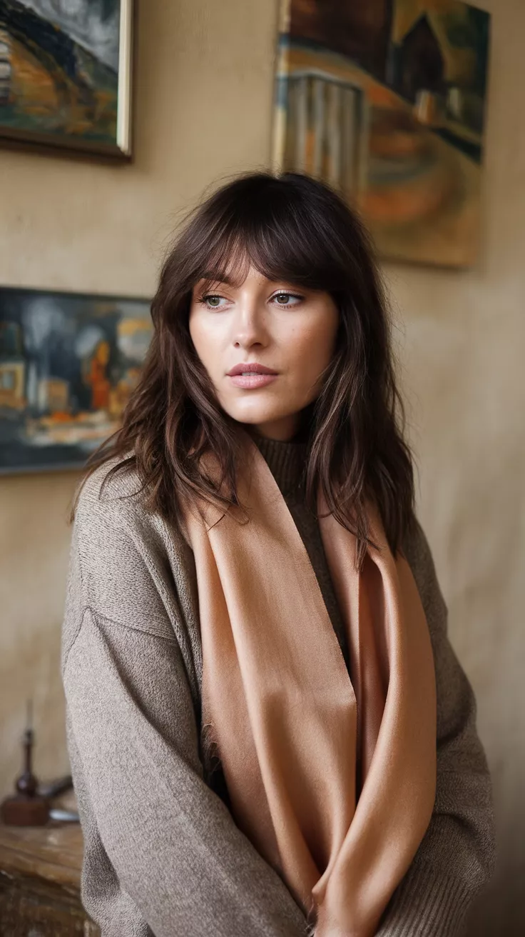 A beautiful 27-year-old woman with a curtain bangs hairstyle, front view.