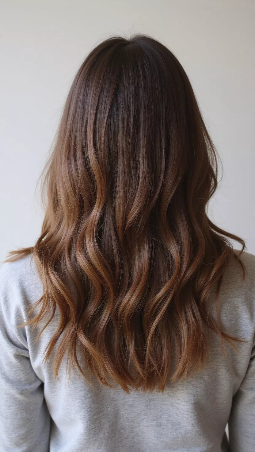 A photo of a 28-year-old woman with a mocha brown colored shoulder-length hair, back view.