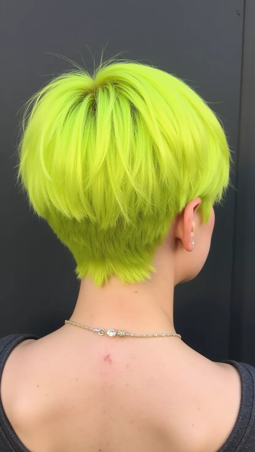 Lemon-Lime A 24-year-old woman with a bright, zesty lemon-lime colored short, choppy pixie, back view.