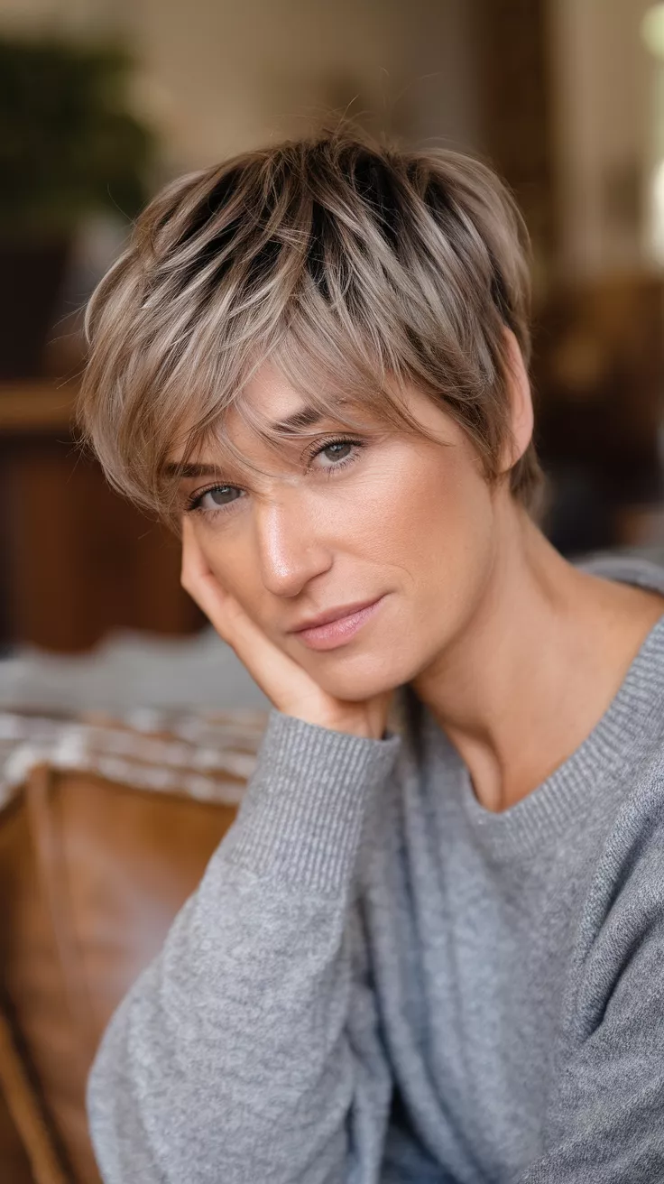 Micro Bob in Glossy Black Cherry A 32-year-old woman with a soft mushroom shade with ash tones colored shaggy layered pixie, front view.