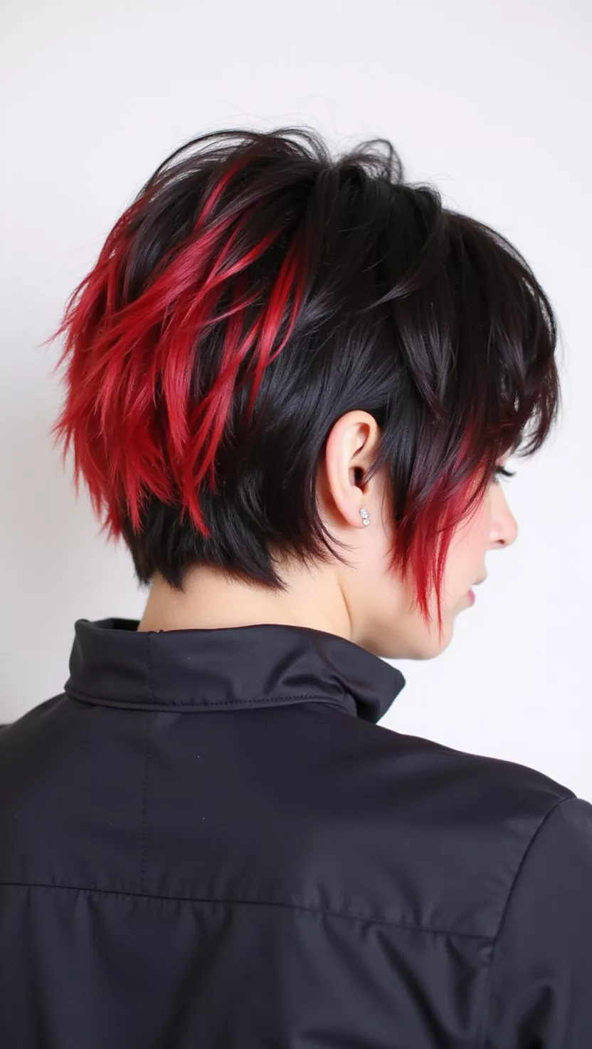 Black and Red Color for Short Hair A photo of a 33-year-old woman with a short haircut featuring black hair with bright red streaks, back view.