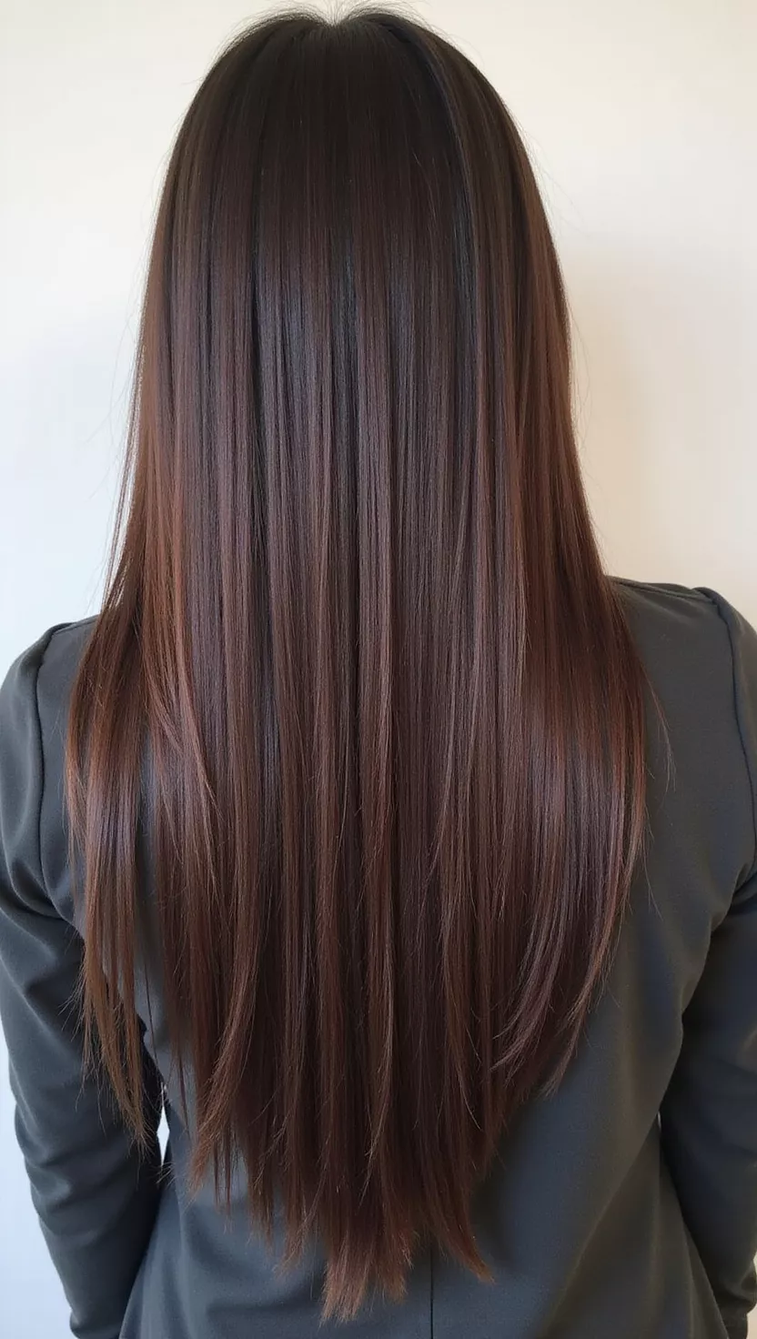 A photo of a 31-year-old woman with a espresso colored sleek straight hair, back view.