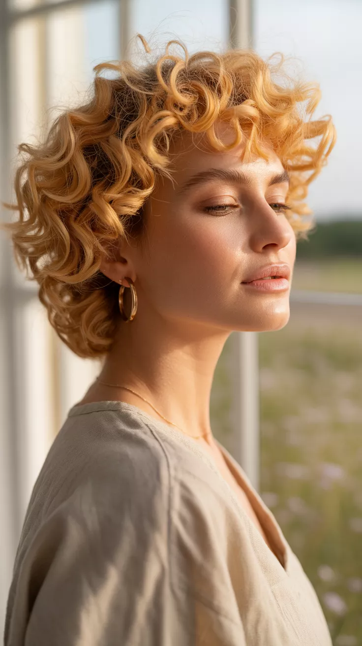 A 31-year-old woman with a luminous golden-orange that mimics the warmth of fall sunsets colored curly hairstyle, side view.