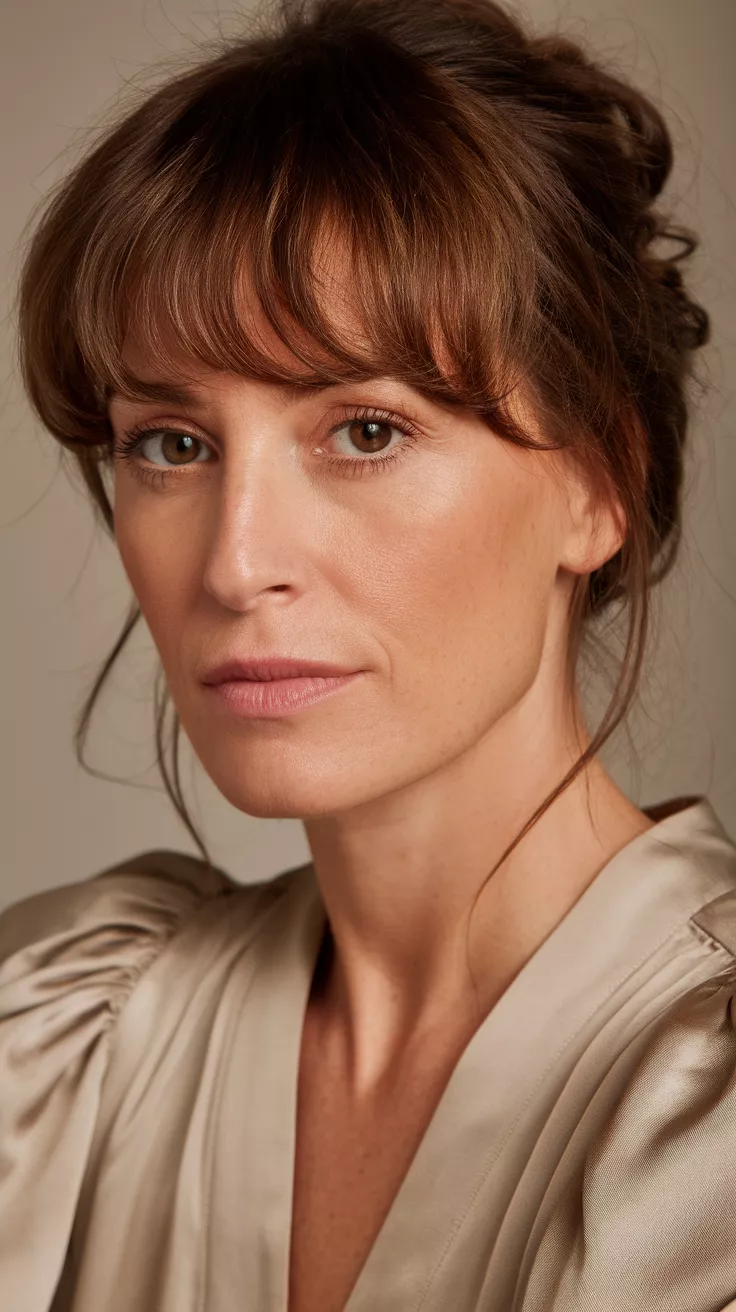 Jane Birkin-Inspired Bangs A beautiful 33-year-old woman with a jane birkin-inspired bangs hairstyle, front view.