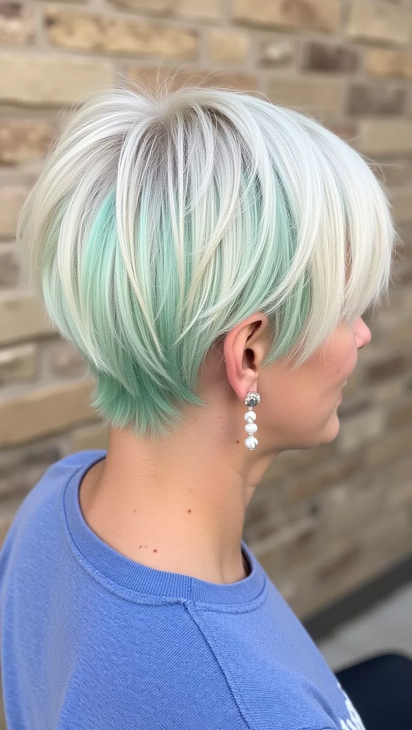 Platinum and Mint Hairstyle A photo of a 23-year-old woman with a short hairstyle featuring platinum blonde with mint green accents, back view.