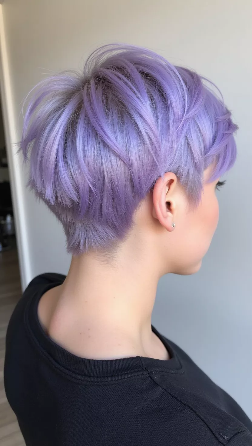 Edgy Lavender Pixie A photo of a 28-year-old woman with an edgy pixie cut in light lavender purple color, back view.