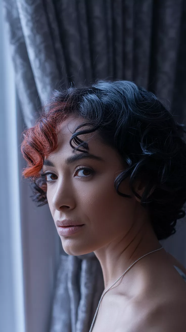 A 37-year-old woman with a nearly black base with hidden red tones that shine in the light colored curly hairstyle, side view.