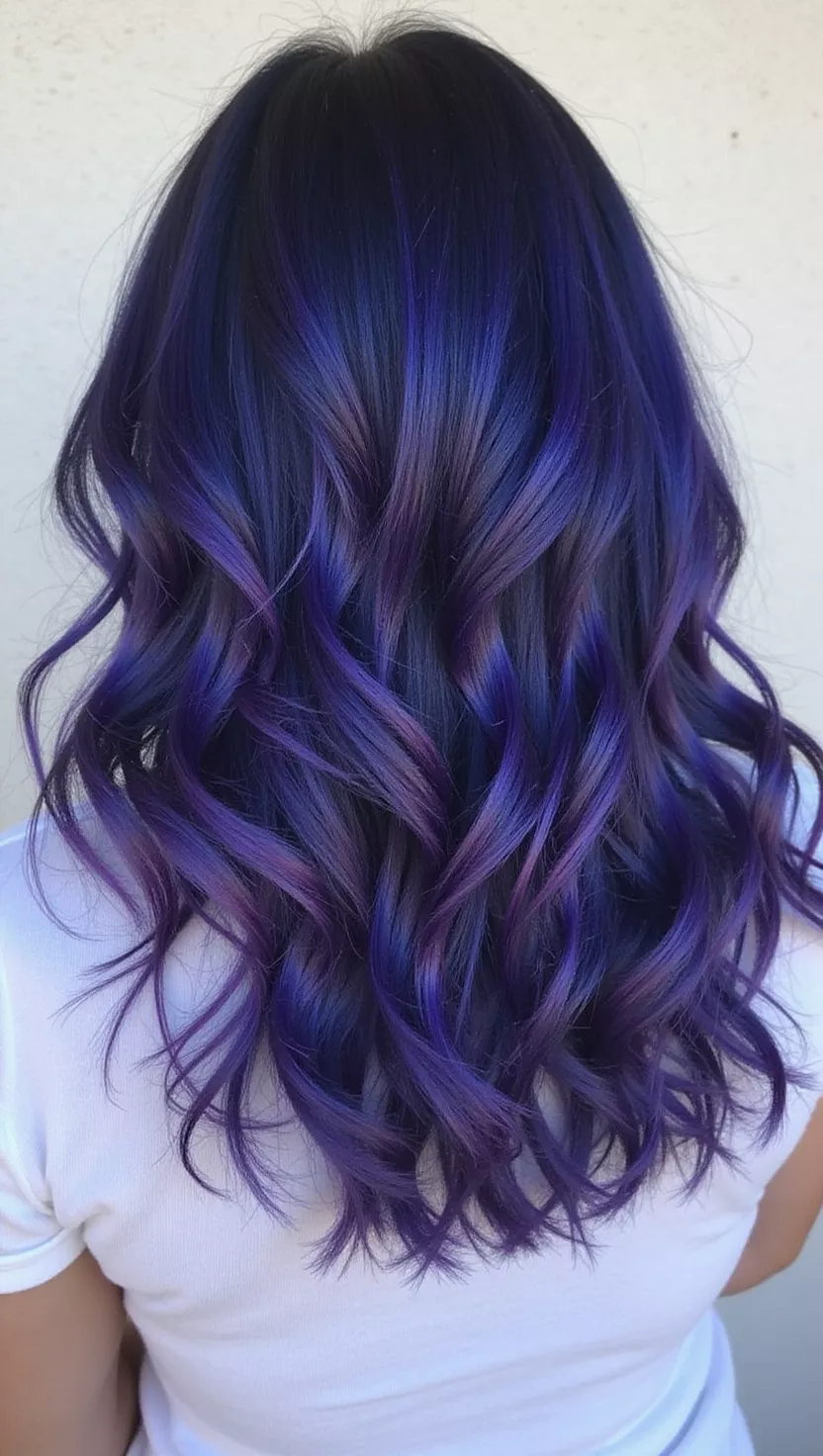 Indigo Blend A photo of a 34-year-old woman with a Indigo blend that mixes deep blue with purple tones colored shoulder-length wavy hair, back view.