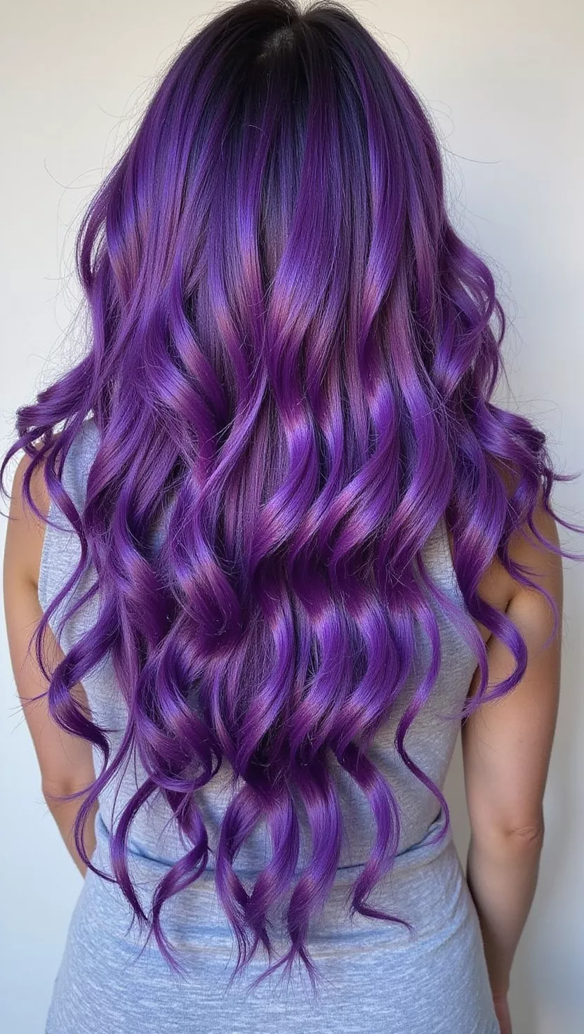 Purple Fantasy A photo of a 24-year-old woman with a Purple Fantasy colored curly hair, back view.