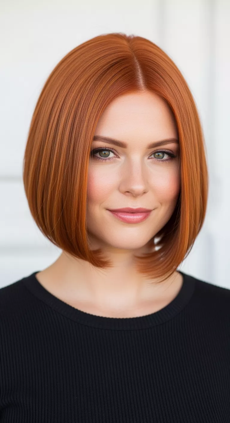 Vivid Gold Copper A beautiful 32-year-old woman with a bright, glossy copper with gold undertones colored bob, front view.