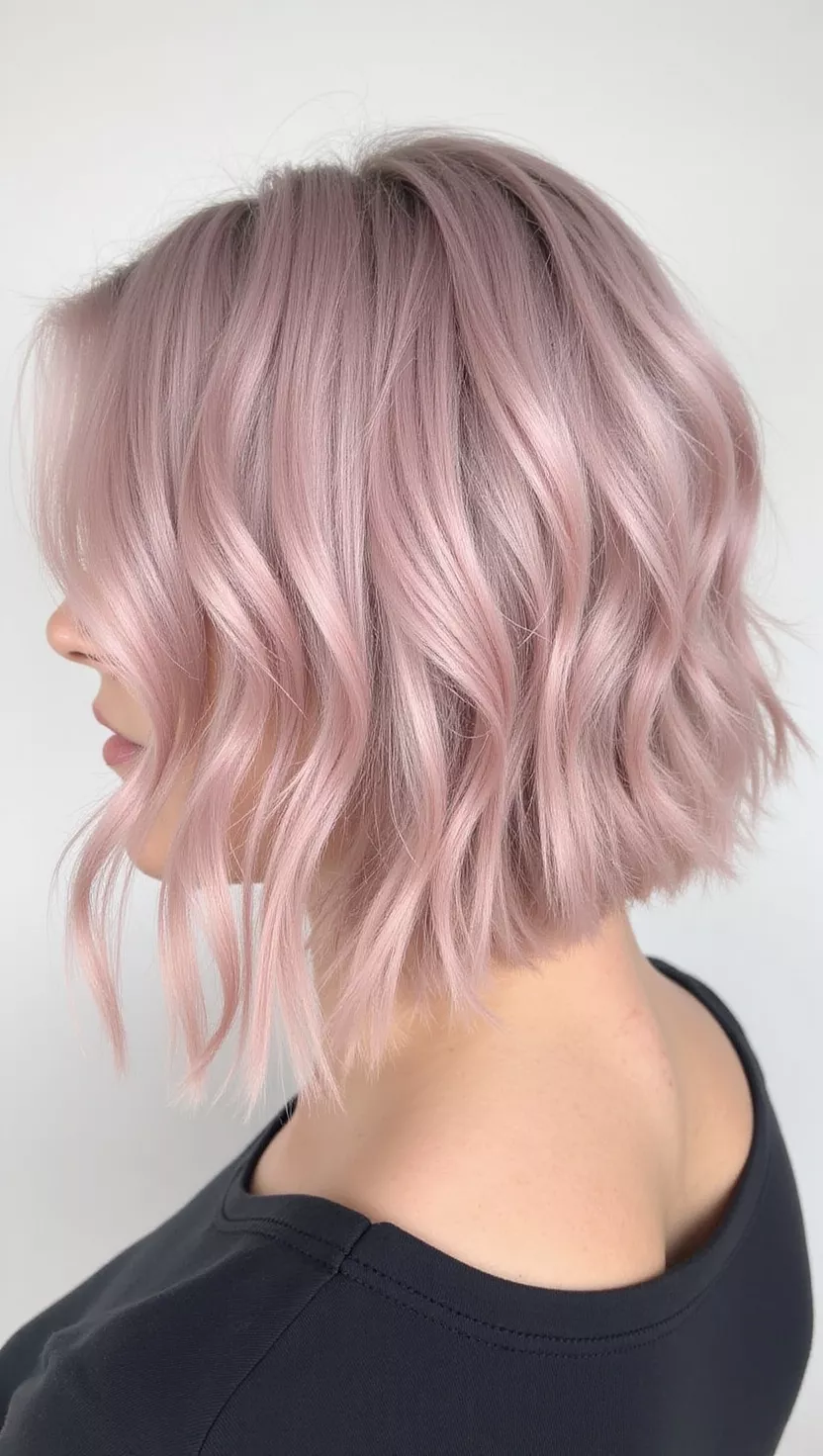 Pastel Pink Hair A 32-year-old woman with a soft, ethereal pastel pink colored wavy bob, back view.