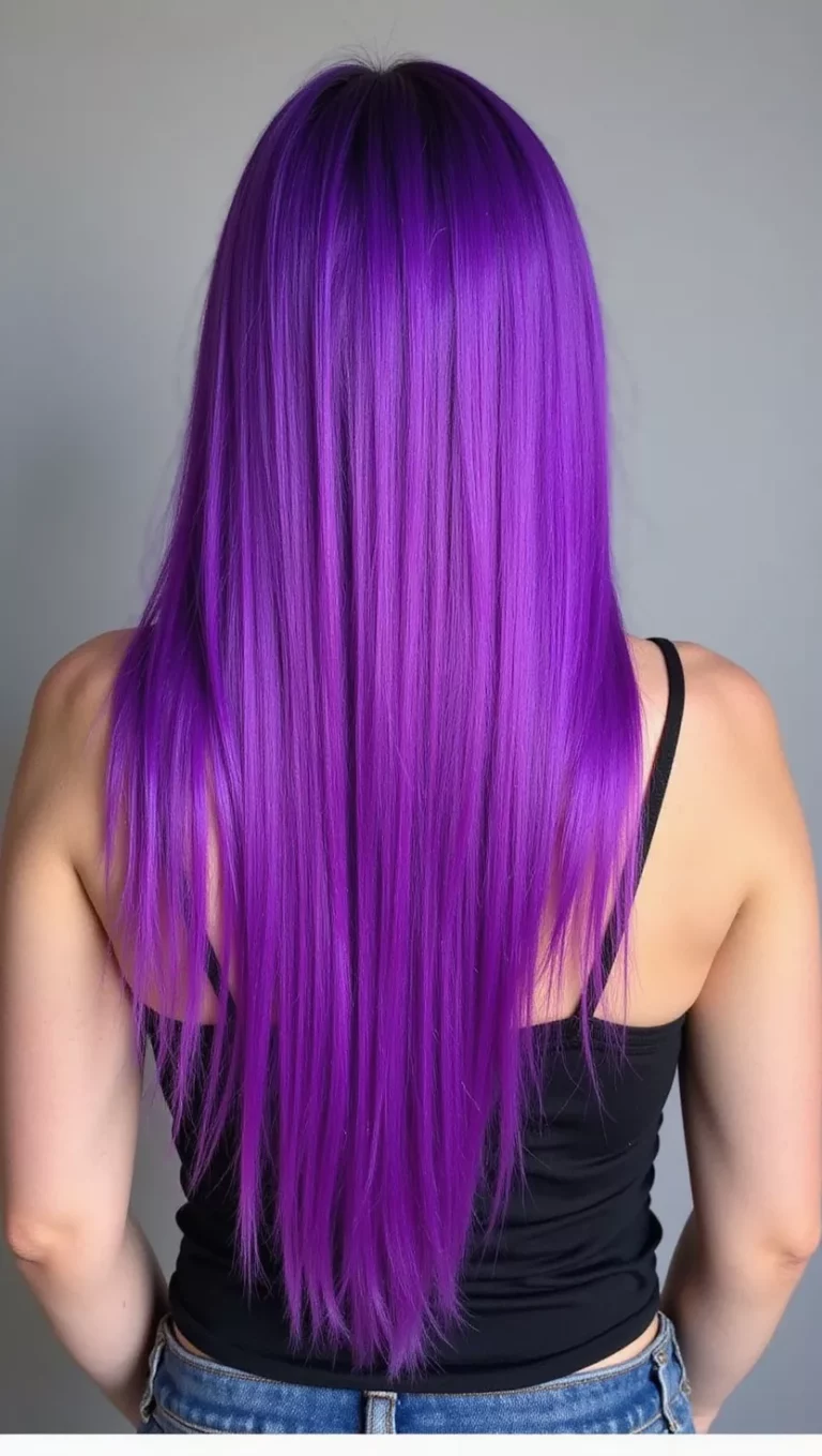 A 22-year-old woman with a shockingly bright neon purple colored long, straight hair, back view.