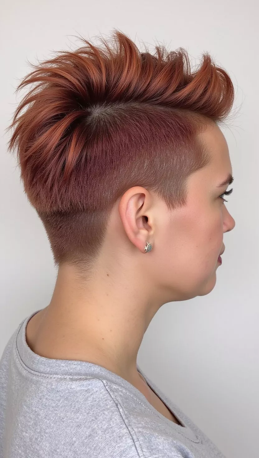 Rose Gold Mohawk and Red Roots A photo of a 25-year-old woman with a mohawk hairstyle featuring rose gold color with darker red roots, back view.