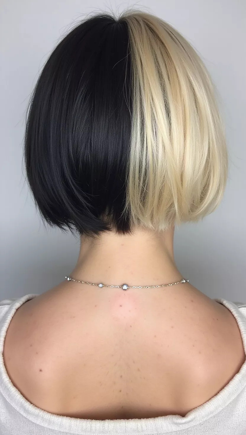 Half and Half Color on Short Hair A photo of a 24-year-old woman with a short haircut featuring left side of the hair black and right side of the hair blonde, back view.