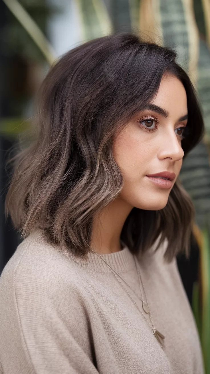 A beautiful 22-year-old woman with an ashy dark brown with a modern matte tone colored hairstyle, side view.