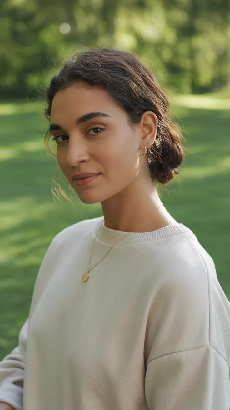 A beautiful 33-year-old woman with a textured low bun, where natural curls are loosely gathered at the nape of the neck, with some strands intentionally pulled out around the face and ears to create a soft, romantic effect.