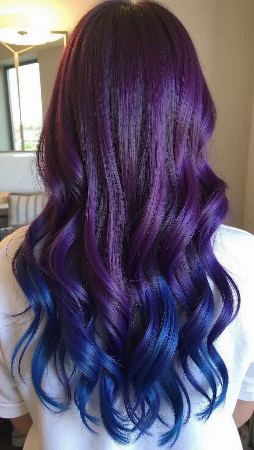 Eggplant & Sapphire A photo of a 27-year-old woman with a Eggplant & Sapphire colored long wavy hair, back view.
