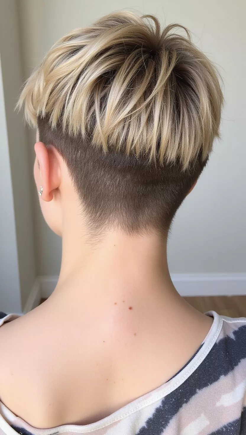 Blonde Undercut with Shadow Roots A photo of a 32-year-old woman with a blonde undercut hairstyle featuring darker shadow roots, back view.