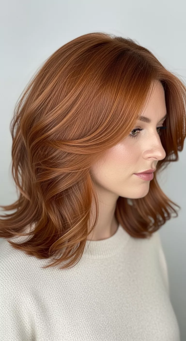 Cinnamon Copper with Blonde Accents A beautiful 30-year-old woman with a warm copper with soft blonde touches colored medium-length, layered hair, front view.