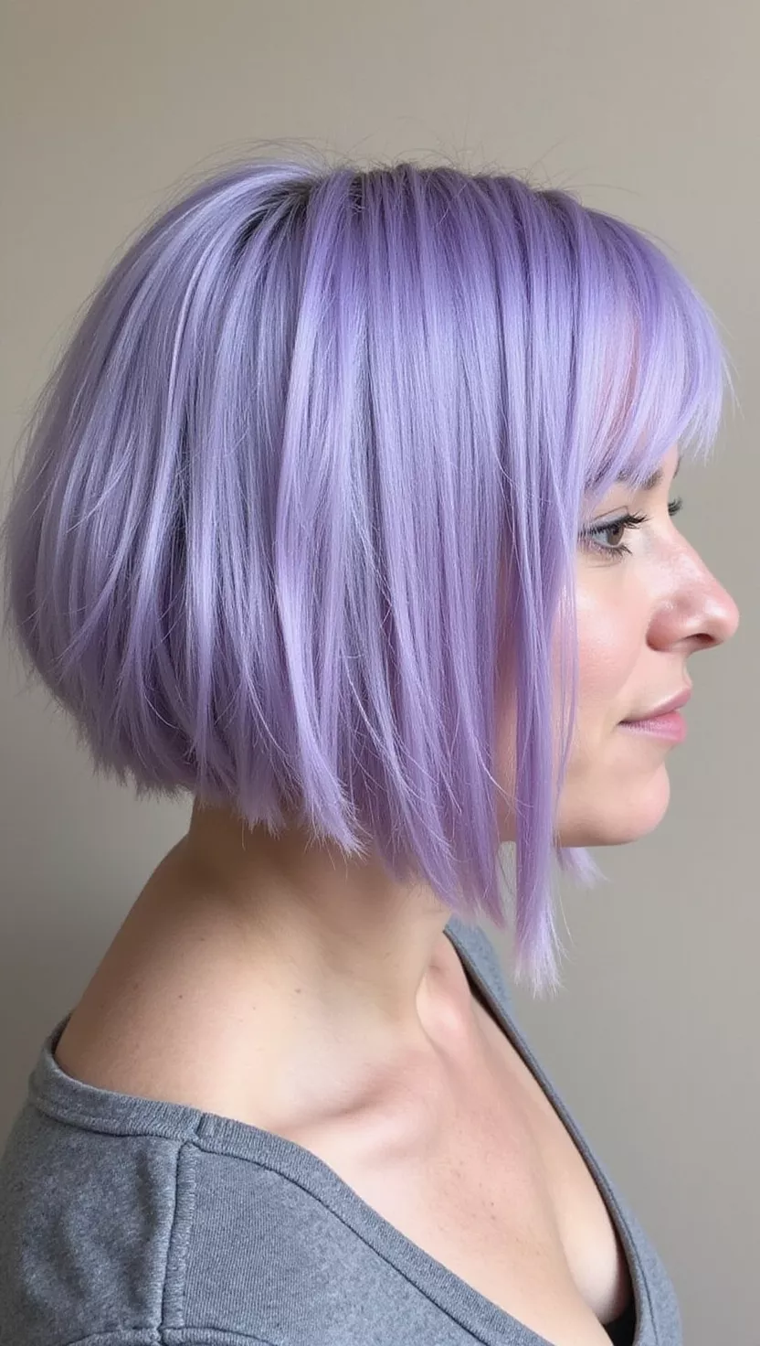 Pale Purple A photo of a 30-year-old woman with a Pale Purple colored bob haircut, back view.