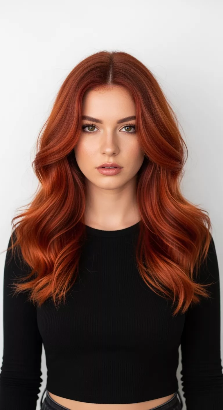 A 26-year-old woman with an intense reddish-orange with high contrast colored wavy hair, front view.