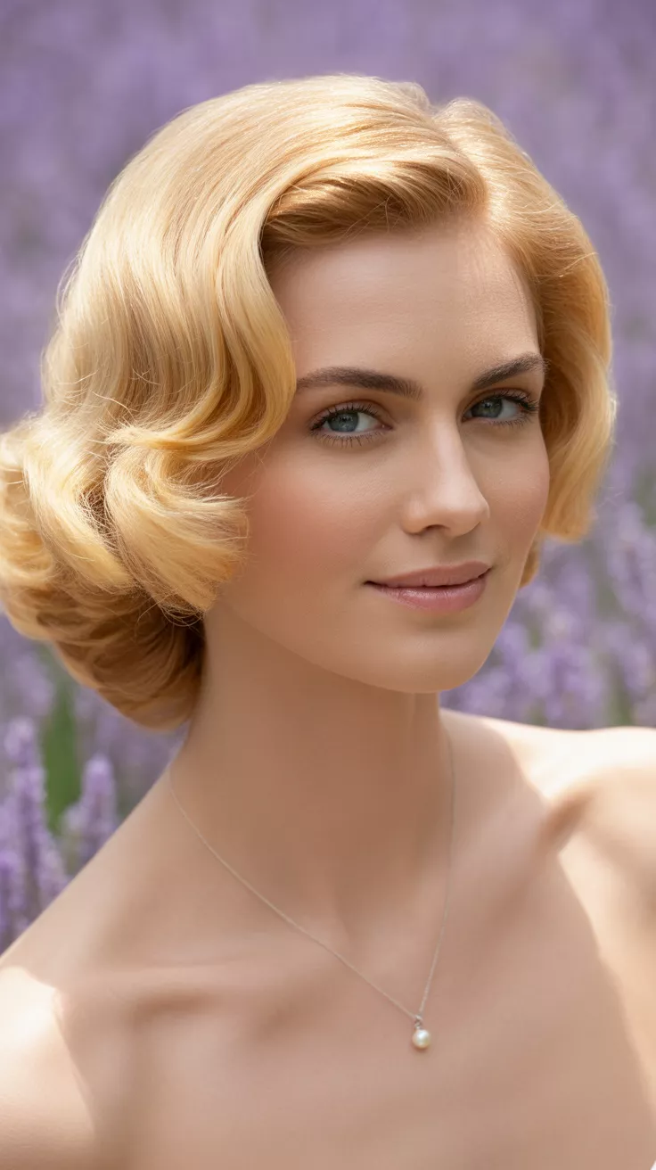 Golden Blonde A beautiful woman with a classic, warm blonde shade that flatters many skin tones with its rich, sunny tones colored hair, front view.
