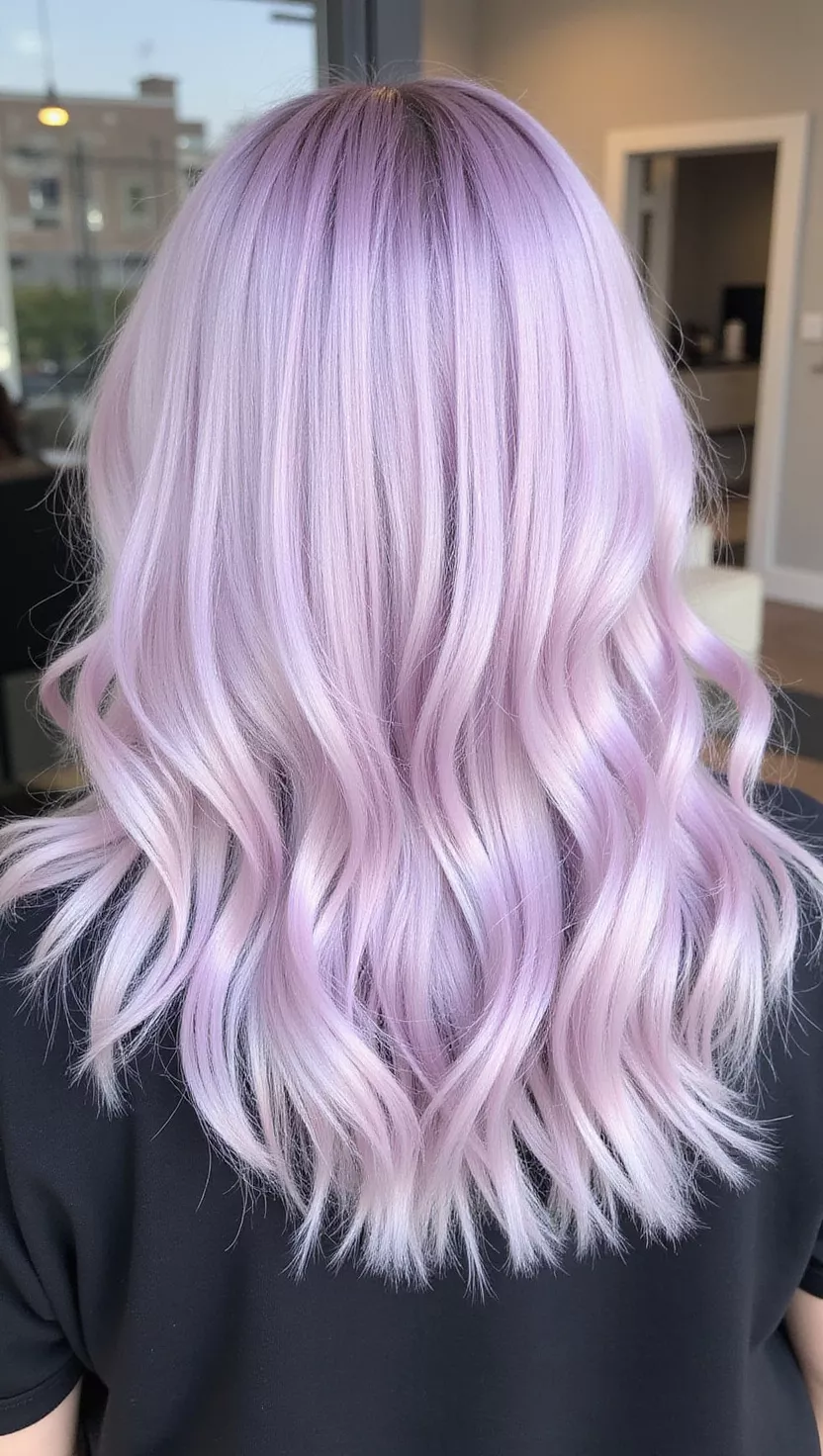Soft Lilac A photo of a 23-year-old woman with a Soft Lilac colored medium-length straight hair, back view.