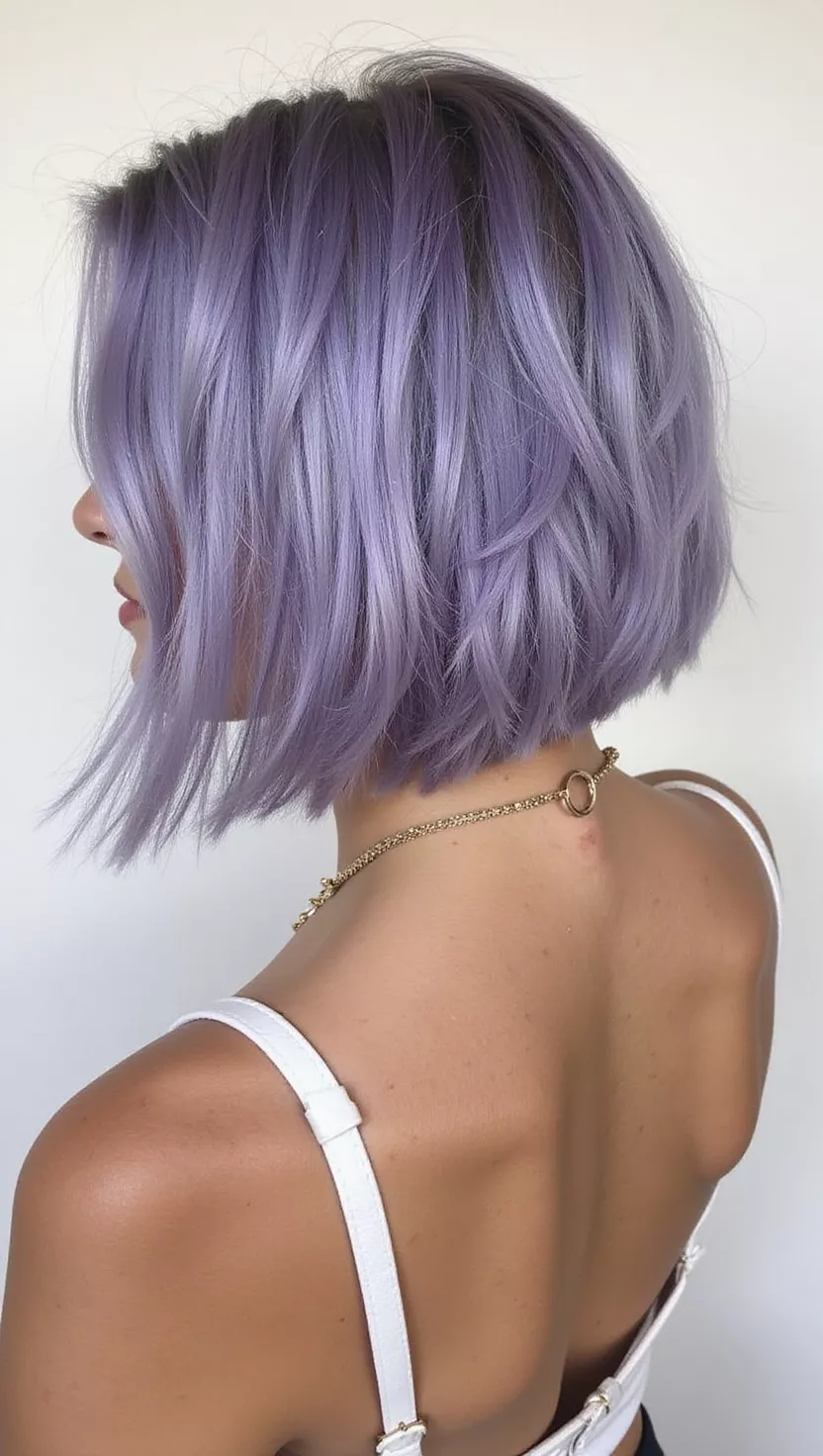 Silvery Purple A photo of a 32-year-old woman with a Silvery Purple colored bob haircut, back view.