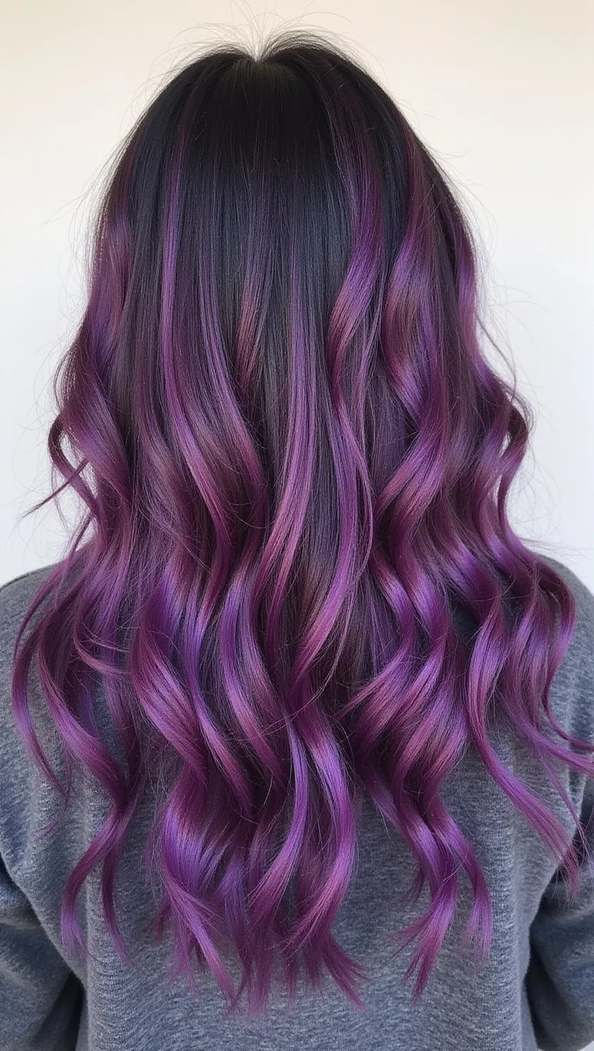 Violet Streak A photo of a 29-year-old woman with a Violet Streak colored medium-length wavy hair, back view.