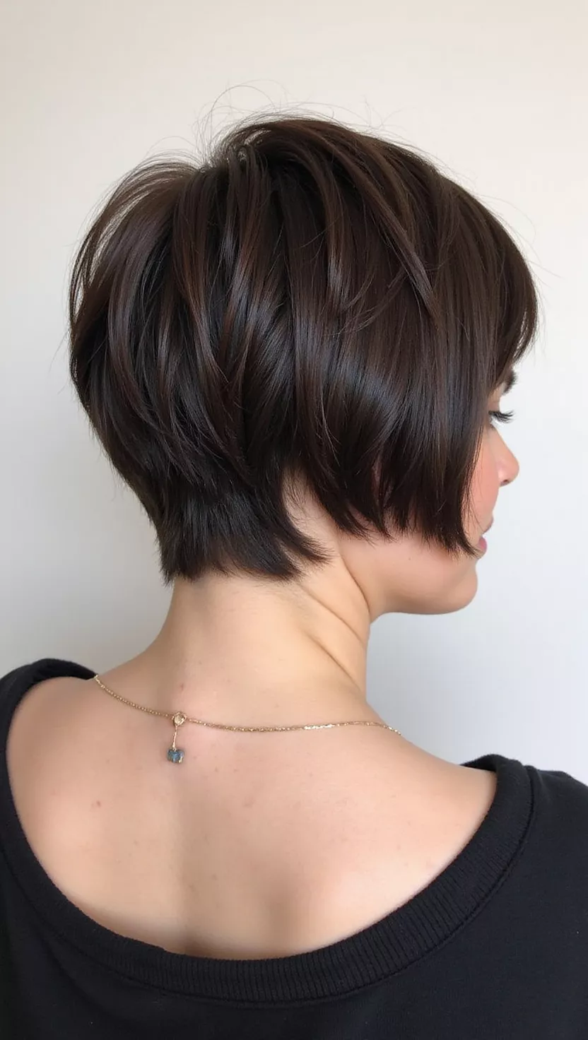 Dark Pixie Bob A photo of a 34-year-old woman with a dark brown pixie bob haircut, back view.