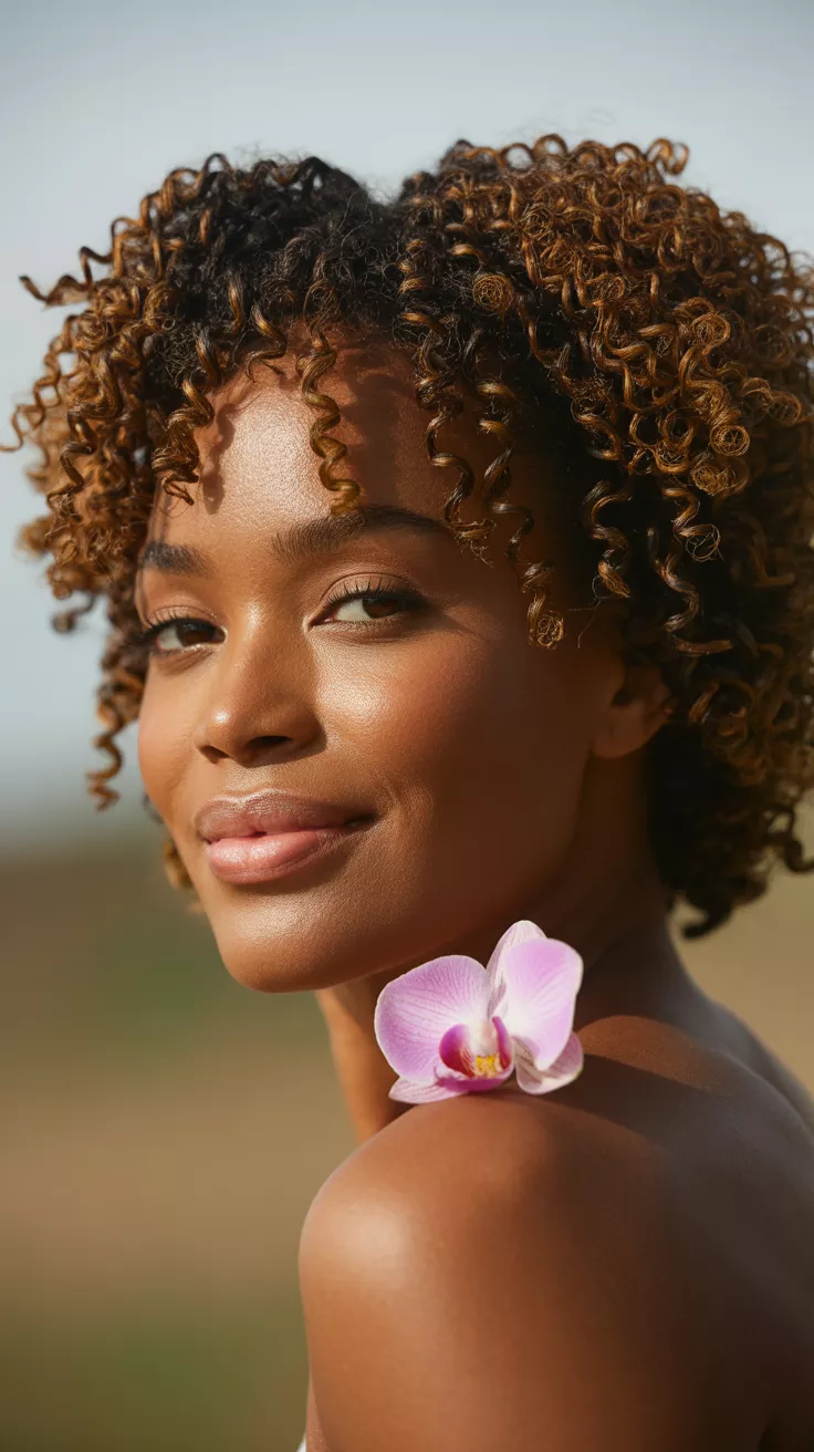 A beautiful 32-year-old woman with a two-strand twist out, showcasing beautifully defined, springy curls that were created by twisting sections of her hair and then unraveling them after they dried, resulting in a soft, voluminous texture.