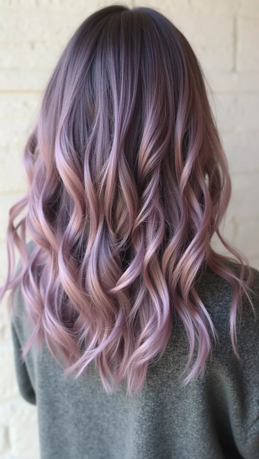 Smokey Lilac A photo of a 27-year-old woman with a Smokey Lilac colored shoulder-length curly hair, back view.