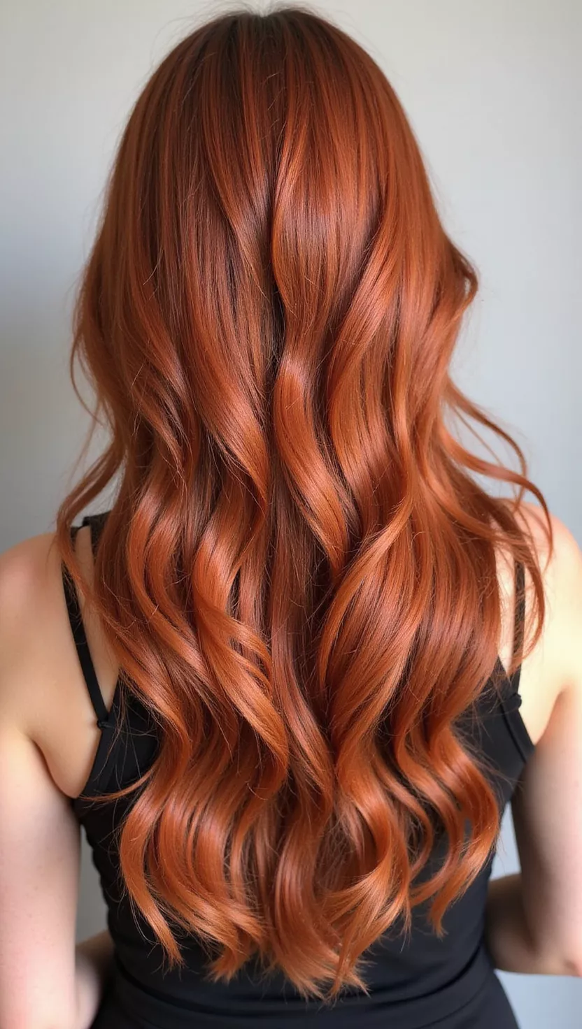 Burnt Orange A 31-year-old woman with a deep, earthy burnt orange colored medium-length waves, back view.