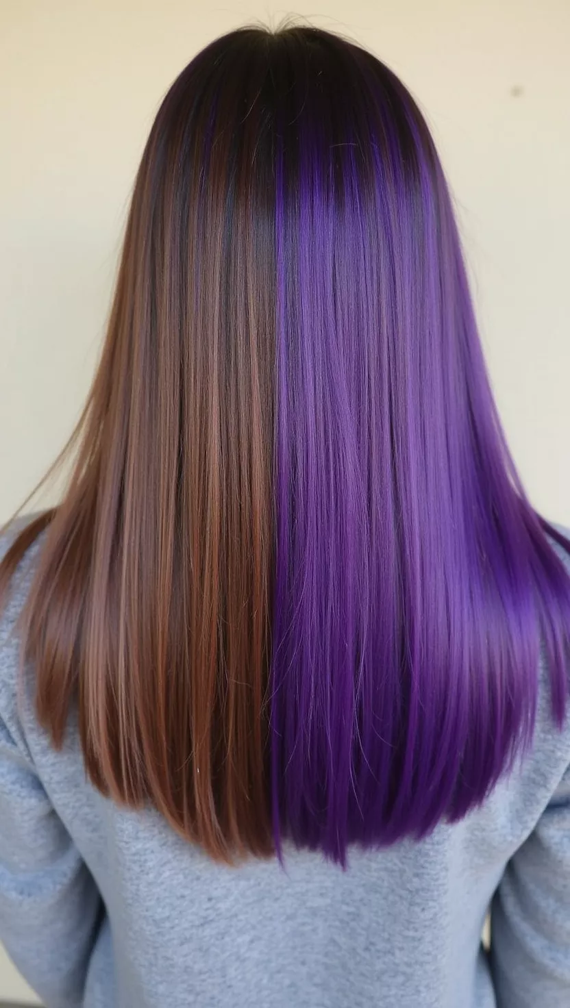 Half & Half A photo of a 23-year-old woman with the left side of her hair in brown and the right side of her hair in purple colored medium-length straight hair, back view.