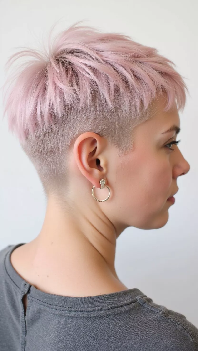 Baby Pink Pixie A photo of a 24-year-old woman with a soft pastel pink pixie cut, back view.