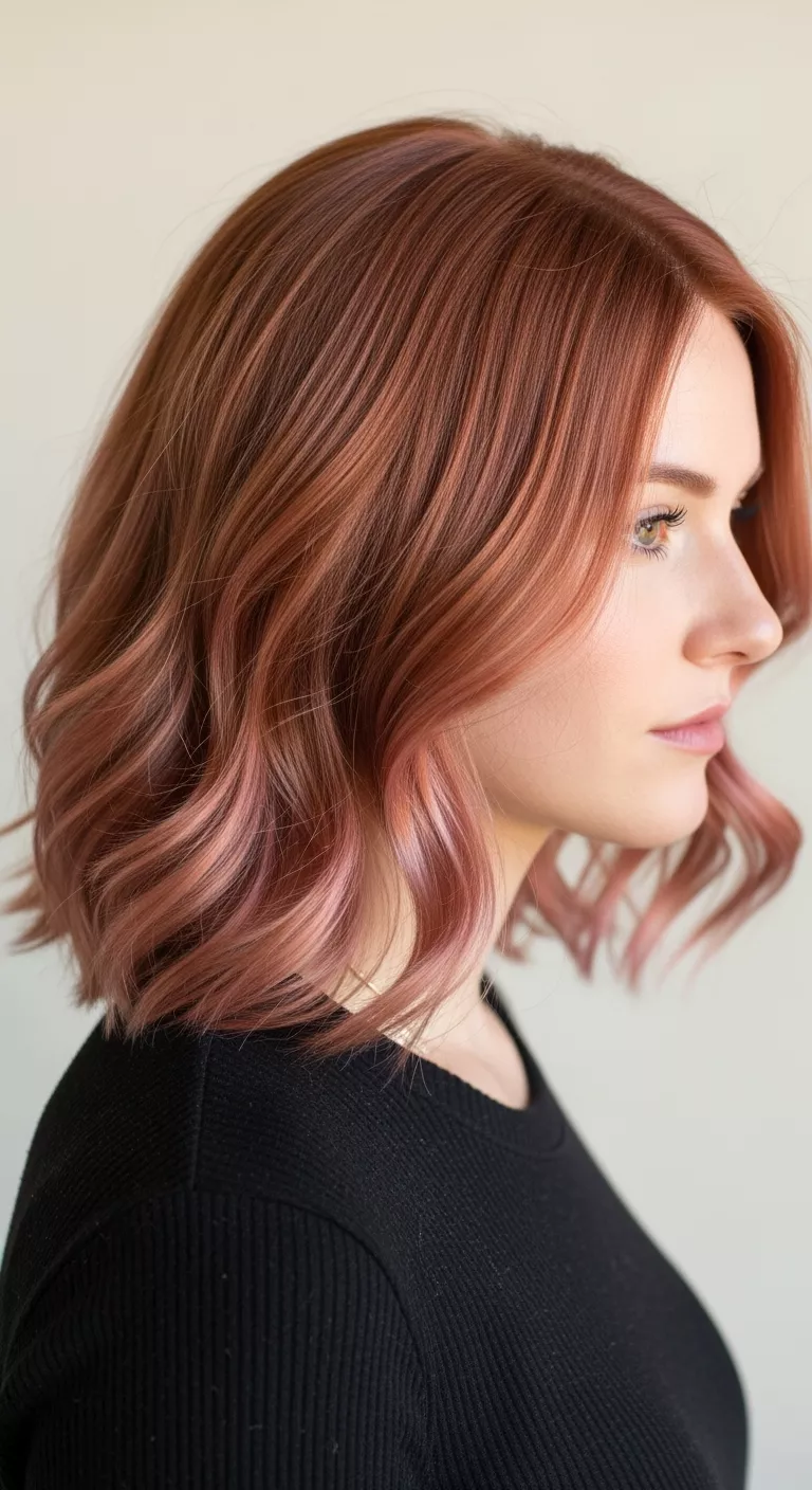 Rosy Copper A 30-year-old woman with a copper red with a soft pink overlay colored medium-length, wavy hair, side view.