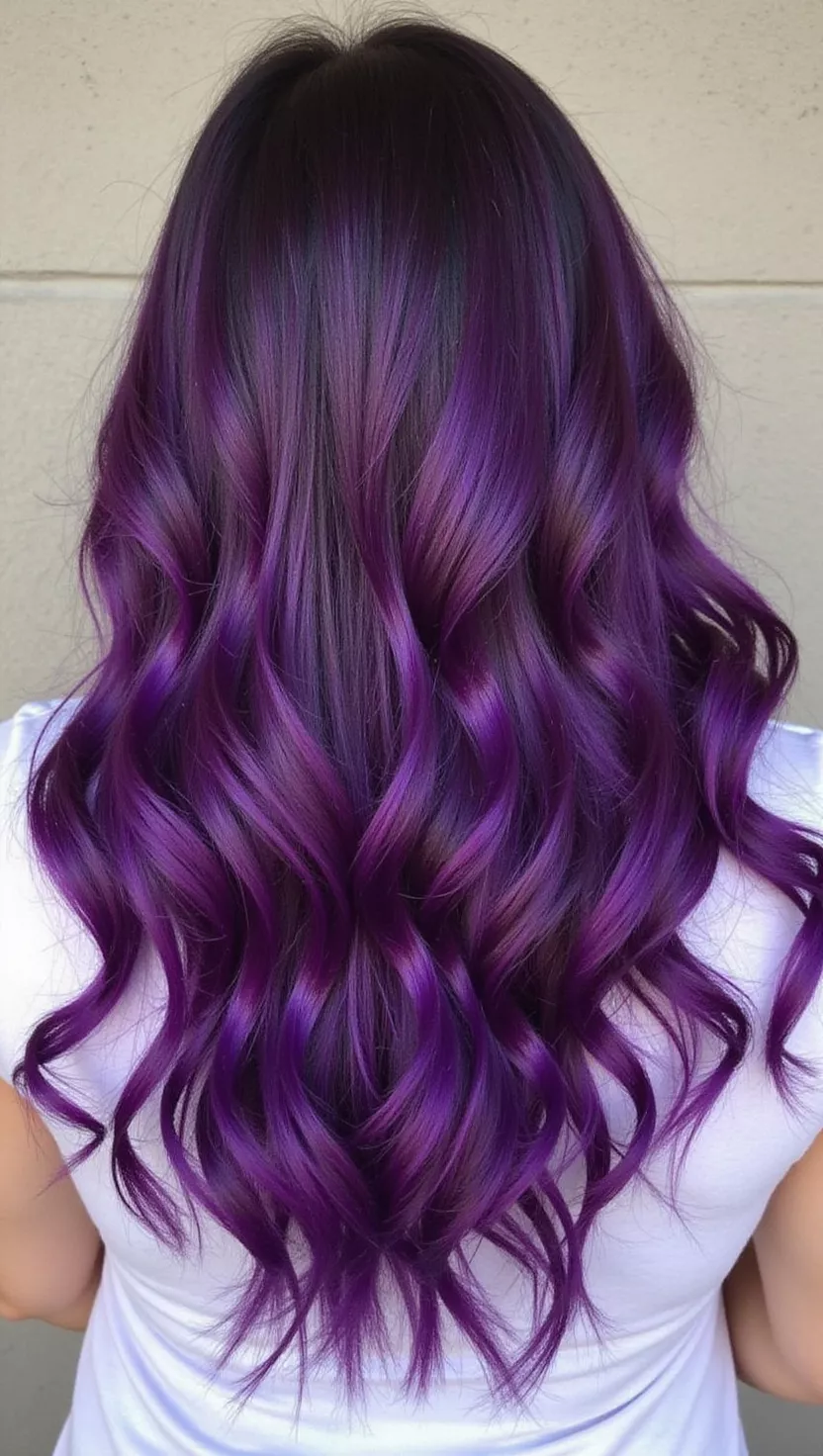 Purple and Magenta A 35-year-old woman with a rich purple and deep magenta blend colored long, layered hair, back view.