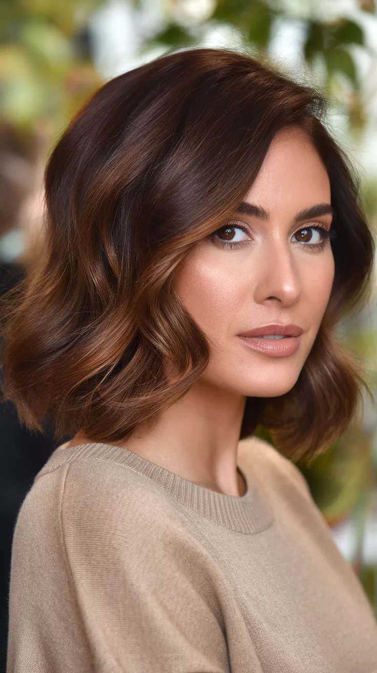 Sleek Side-Parted Bob with Dark Roast Tone A 30-year-old woman with a rich dark brown with a hint of warmth colored glossy side part bob, side view.